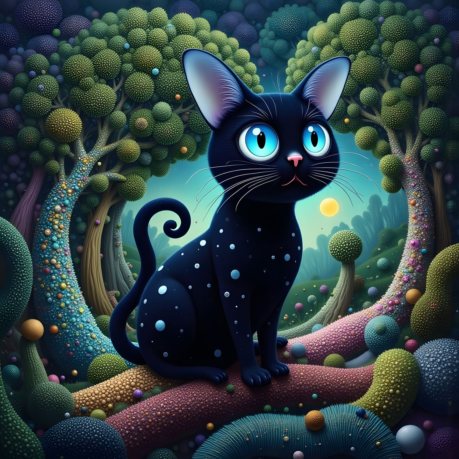 Black Cat with Blue Spots on Whimsical Trees