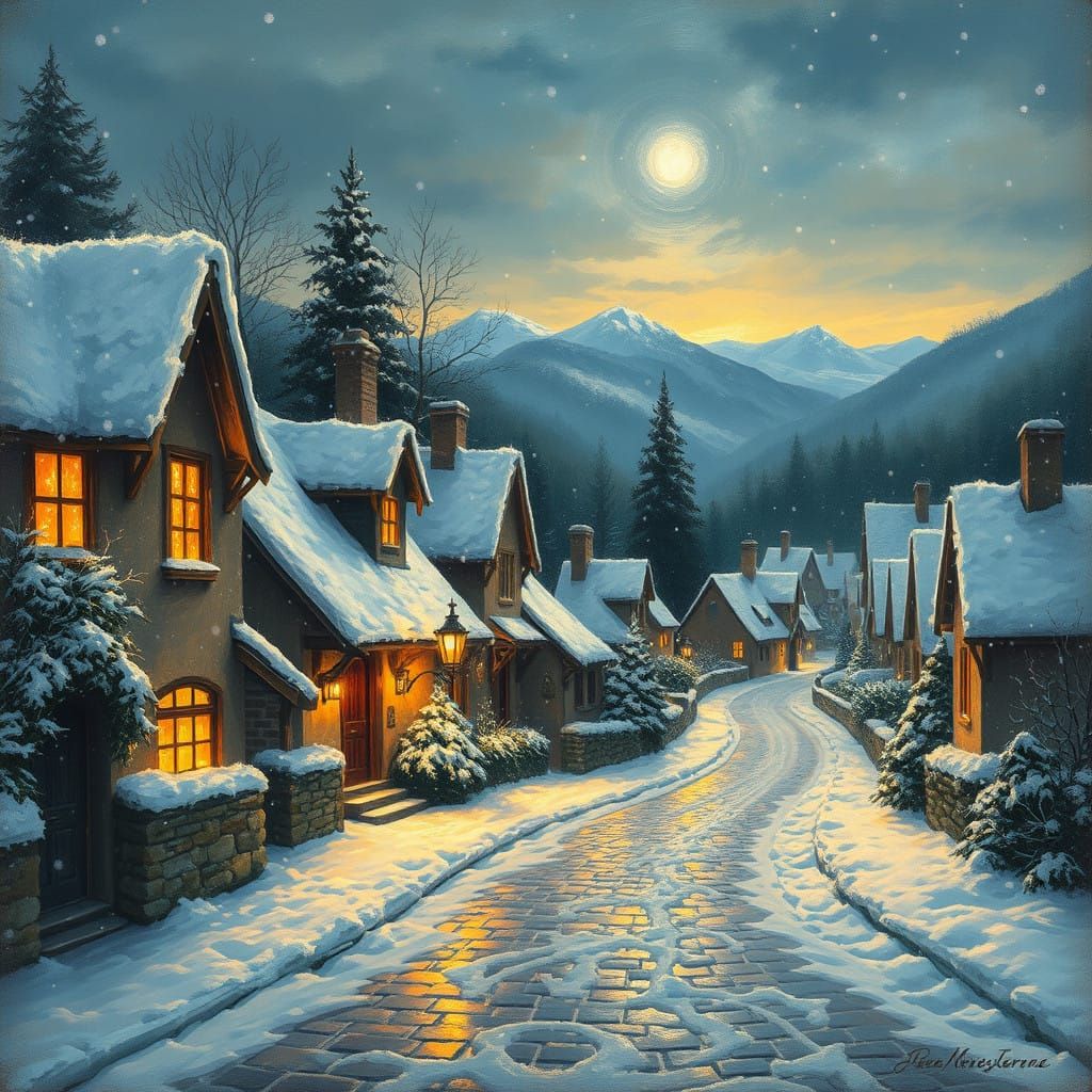 Serene Christmas Night Scene in Whimsical Watercolor Style