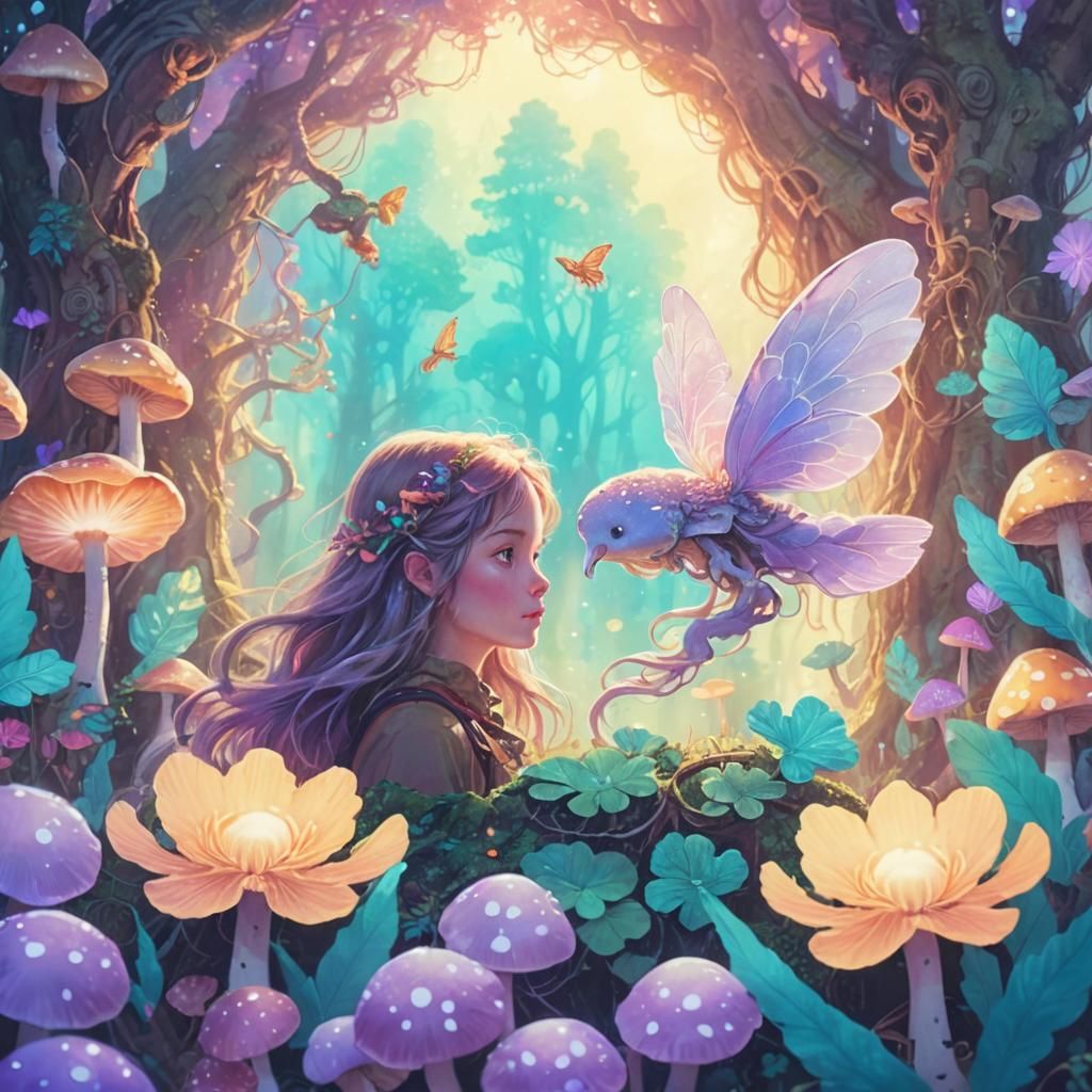 Enchanting Girl in a Mystical Glowing Mushroom Forest