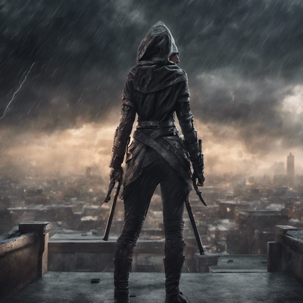 Female Assassin on Rooftop in Thunderstorm