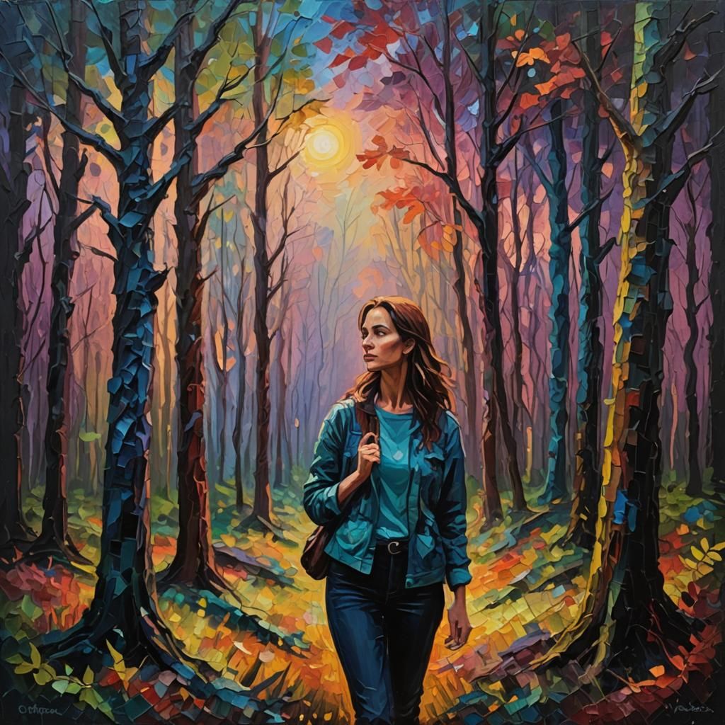 Expressionist Woman in Vibrant Forest, Impasto Oil Painting