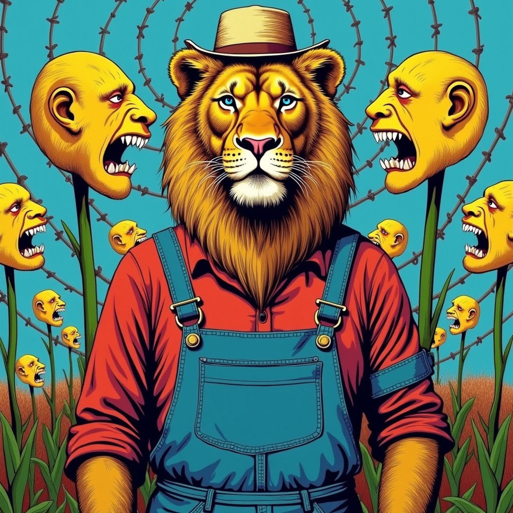 Lion Farmer in Surreal Pop Art Style