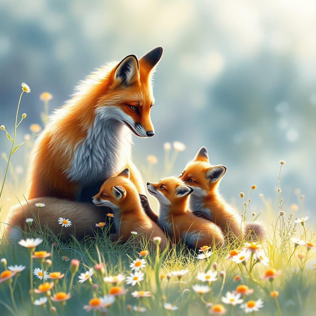 Ethereal Watercolor of a Mother Fox Grooming Her Cubs in a S...