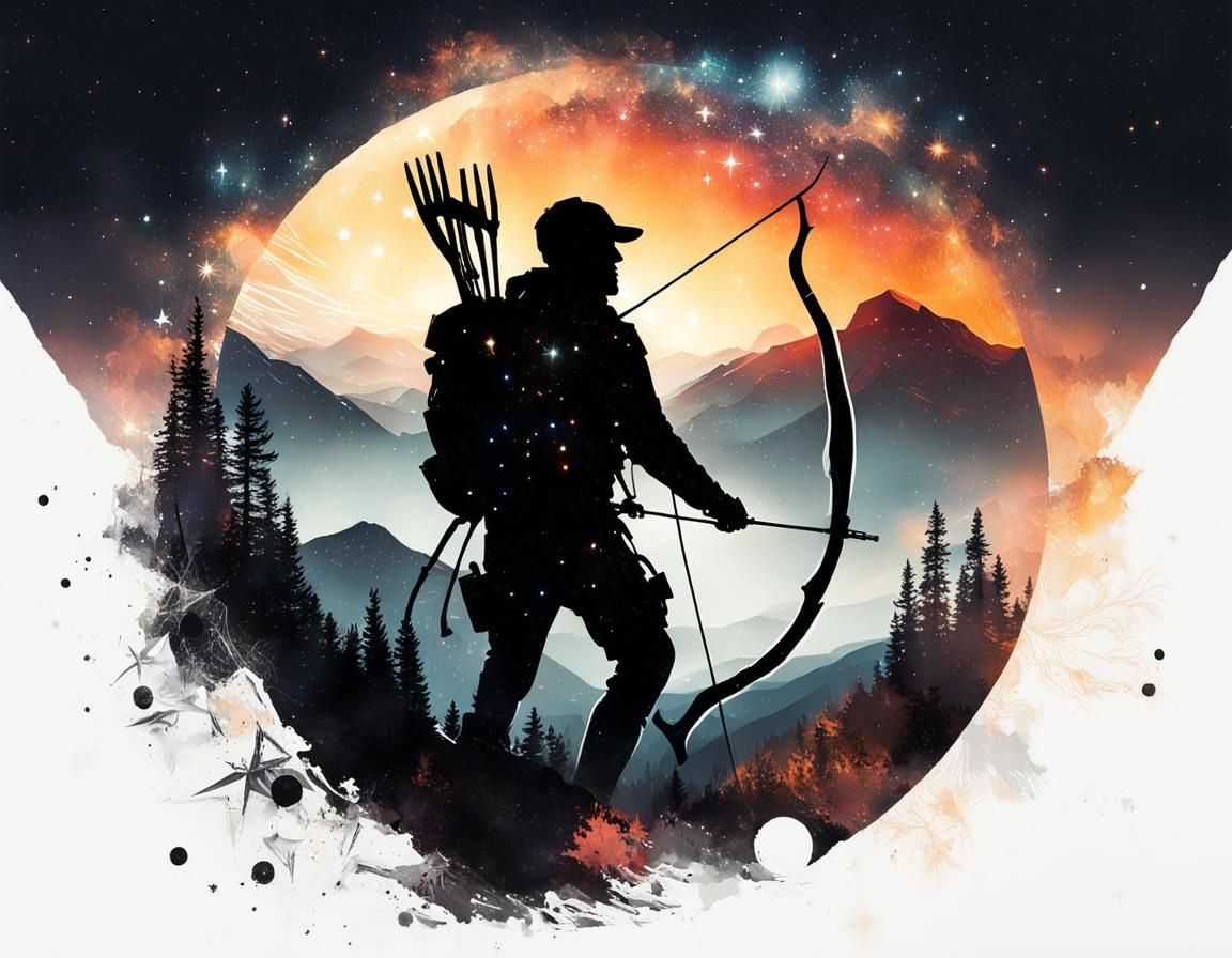 Archer and Elk Silhouette in Starry Sunset Radiance