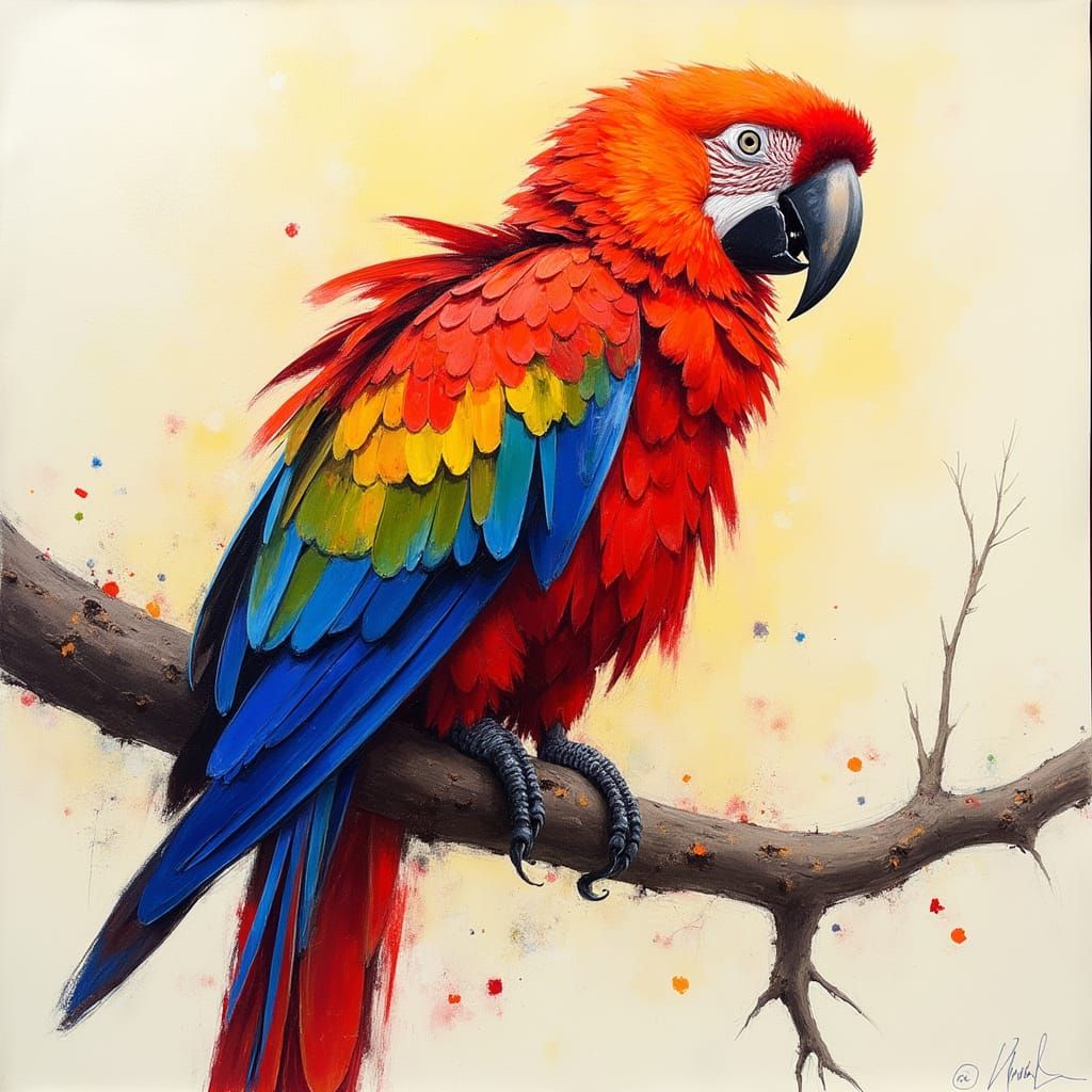 Colorful Macaw on Branch: Impressionist Pastel Sketch