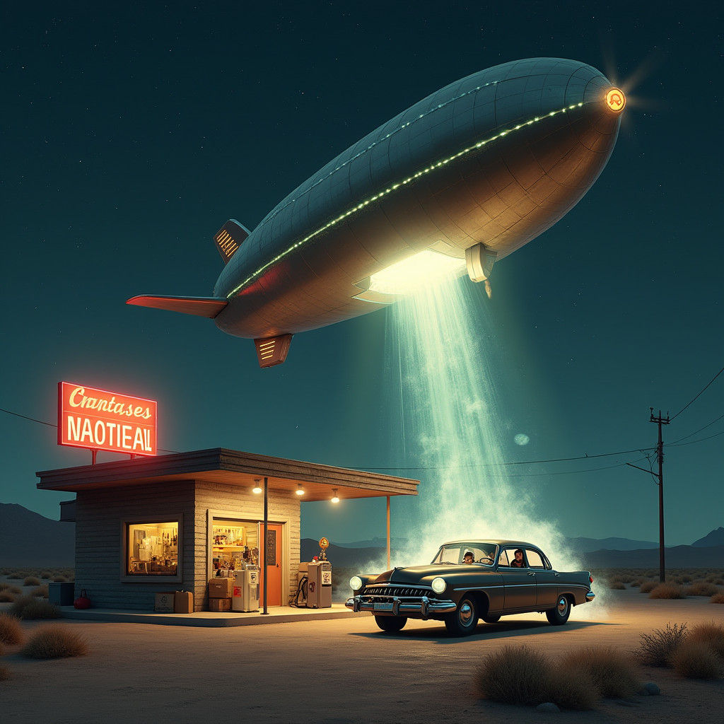 Retro Airship Abduction at Desert Gas Station