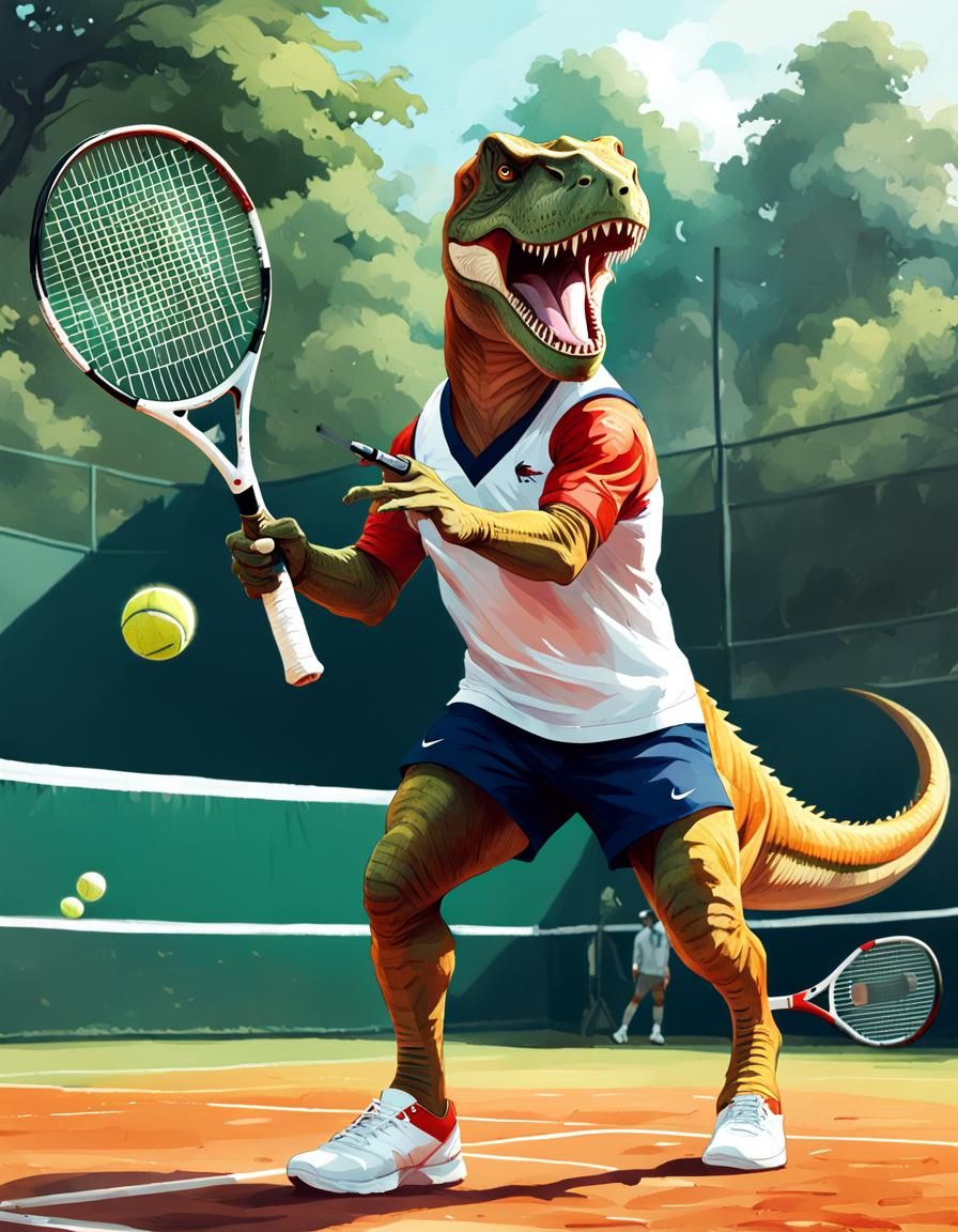 Anthro T-Rex Plays Tennis in Watercolor Style