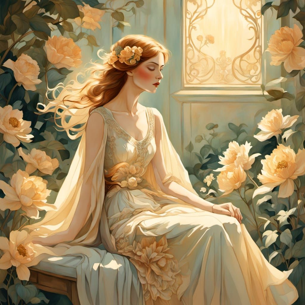 Vintage Garden Portrait: Woman in Sun-Dappled Impressionist ...