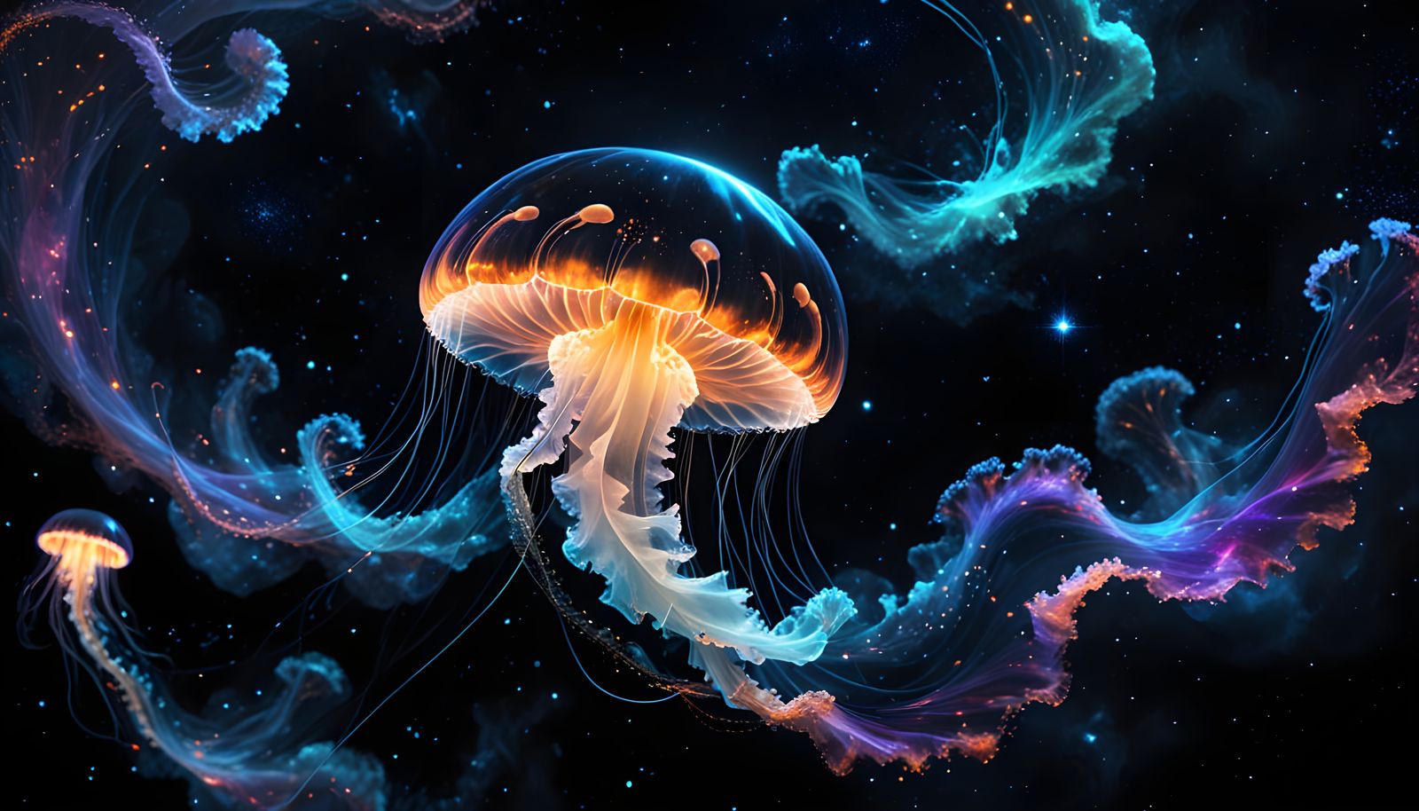 Nebula Jellyfish in Starry Black Landscape