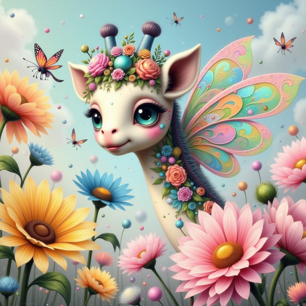 Whimsical Giraffe Soars Among Vibrant Flowers in Pastel Hues