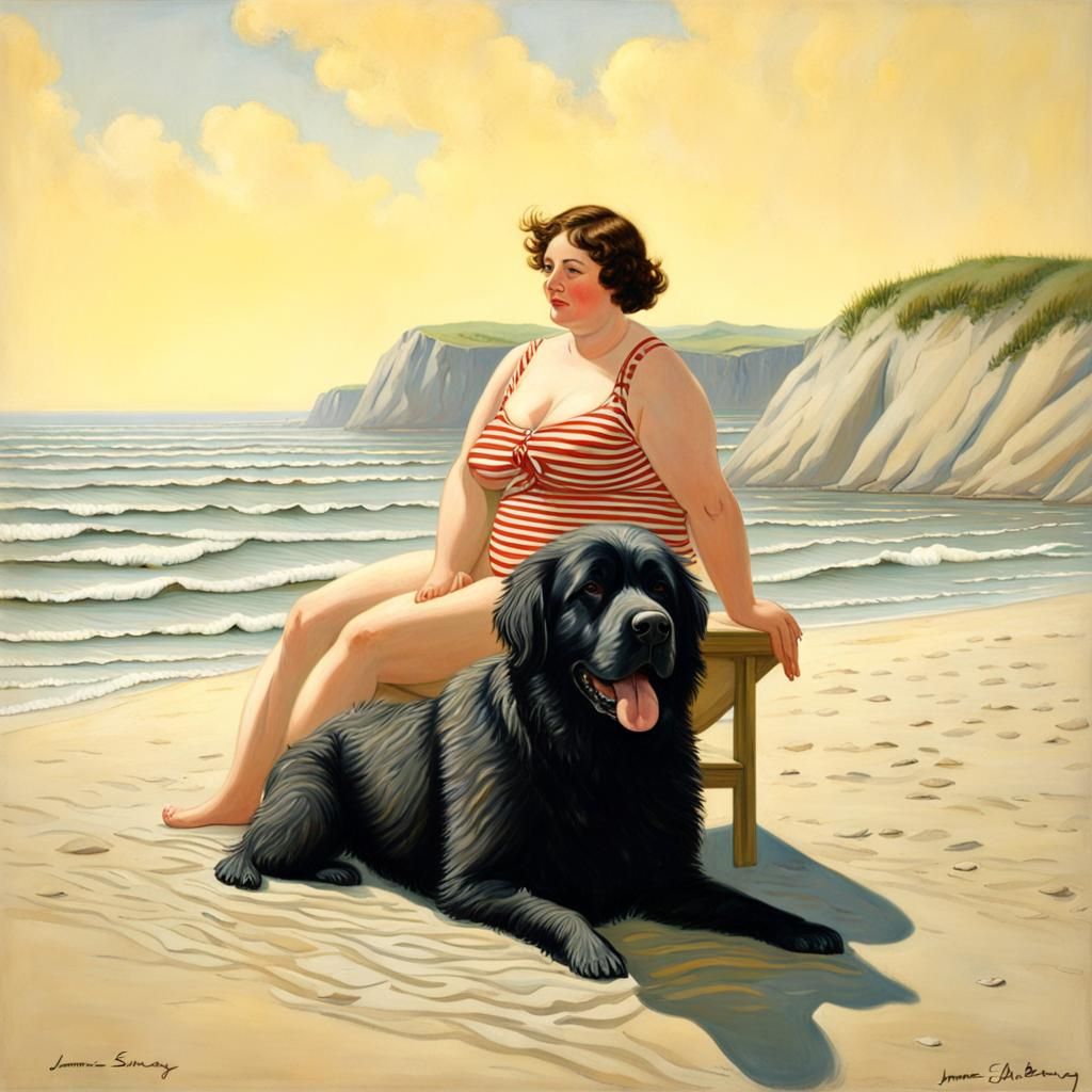 A chubby woman and her newfoundland dog bathing at the beach.