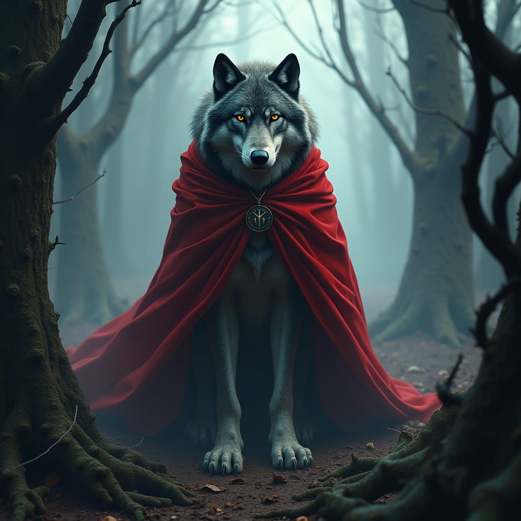 Wolf in Roman Cape in Spooky Forest