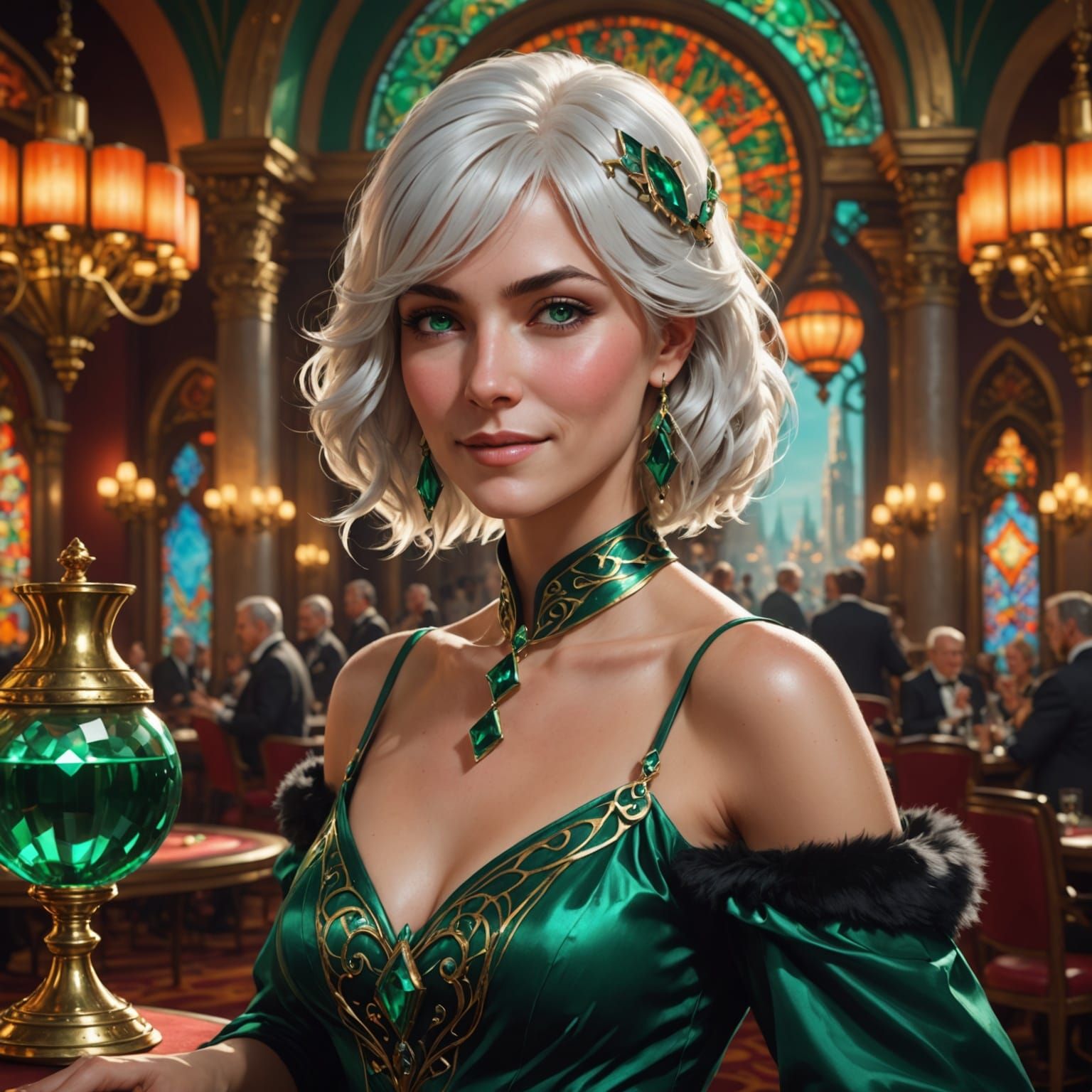 Elegant Lady in Emerald Gown at Casino