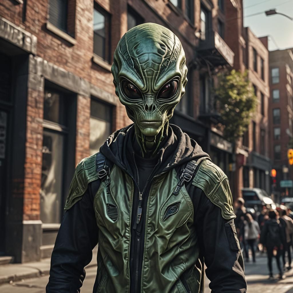 Hyperrealistic Alien in Urban Clothing