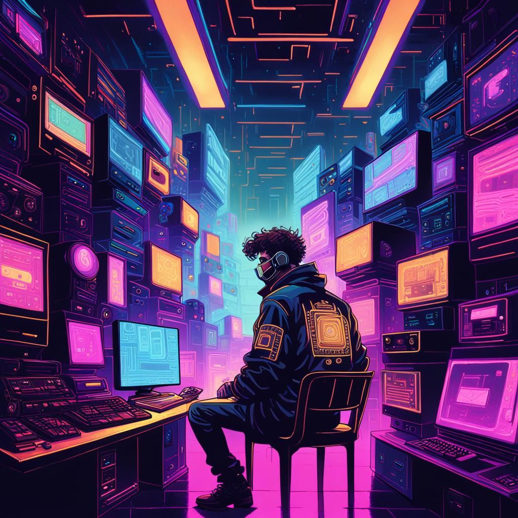 Retro Hacker in Cyberpunk Synthwave Style