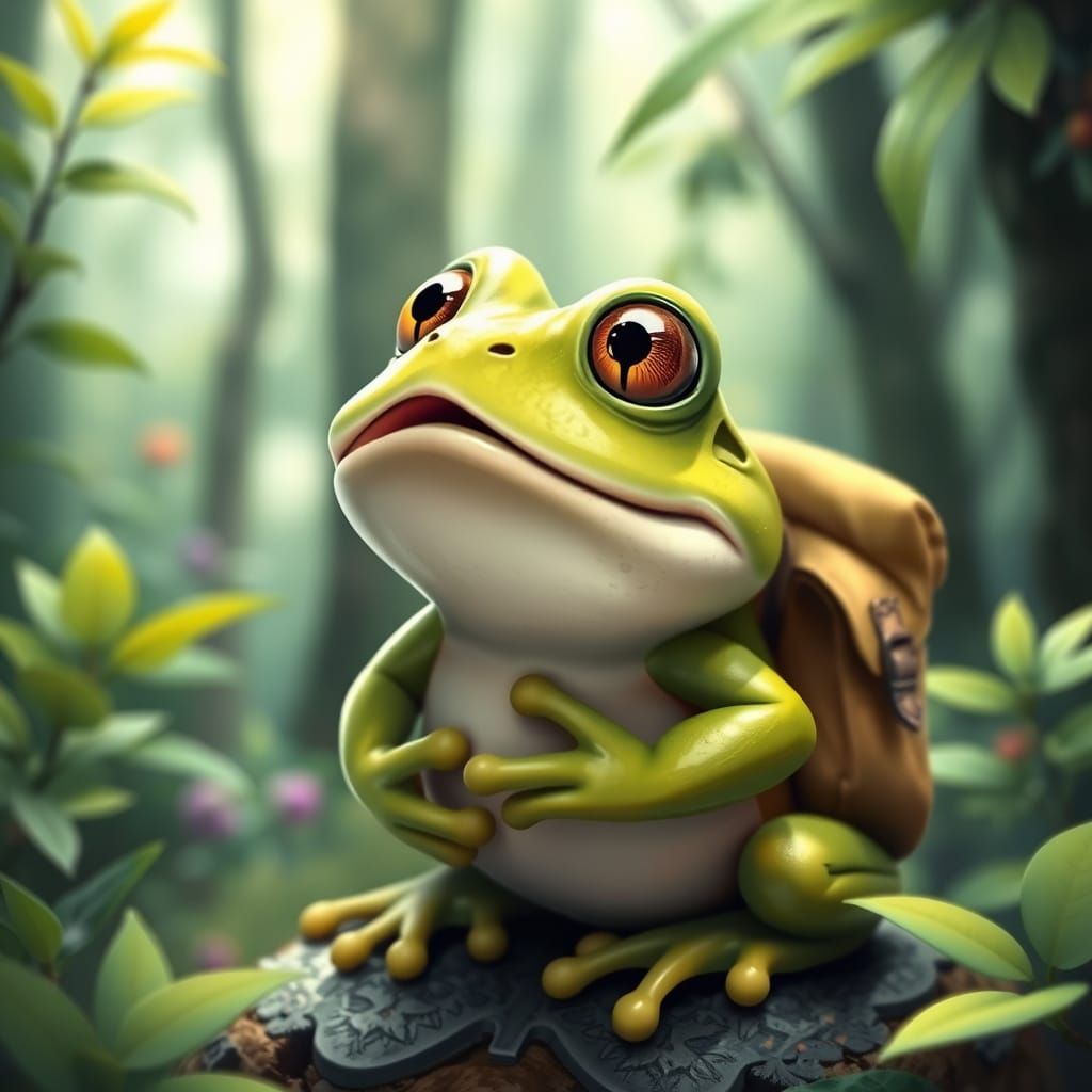 Surprised Frog in Forest, Beatrix Potter Style