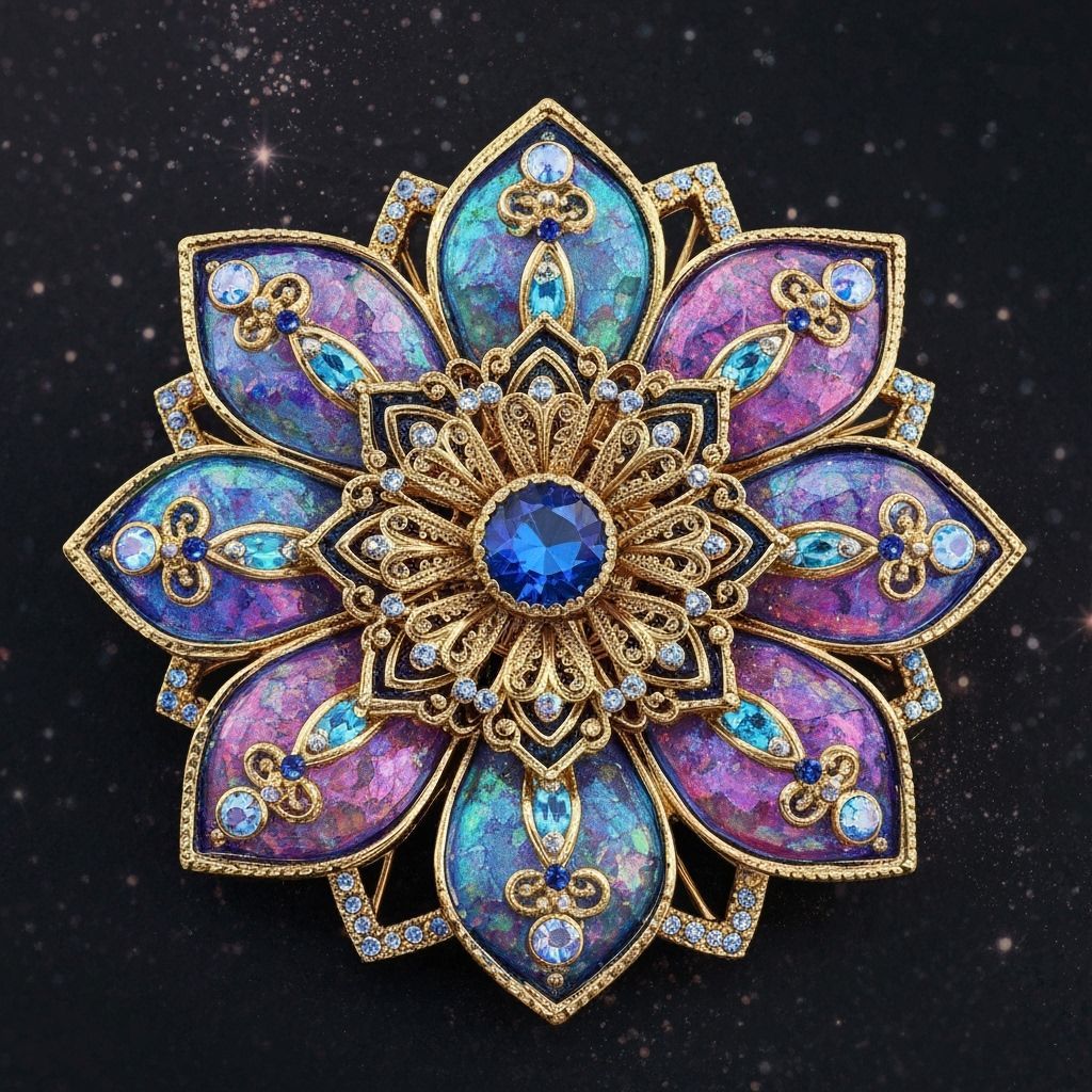 Ornate Stained Glass Flower Brooch with Gems