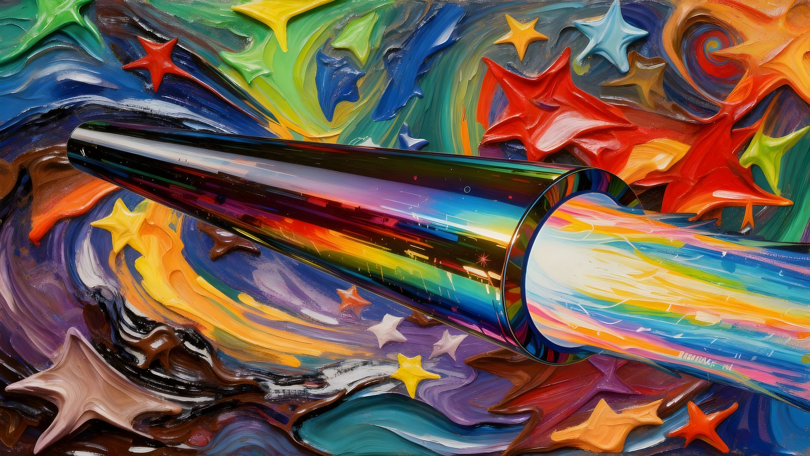 Sleek Rainbow Cylinder with Impasto Oil Paint Vortex