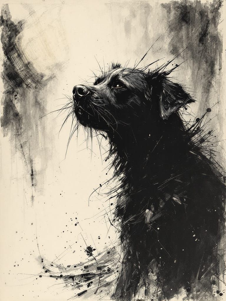 Raw Charcoal Dog Portrait in Sepia Tones