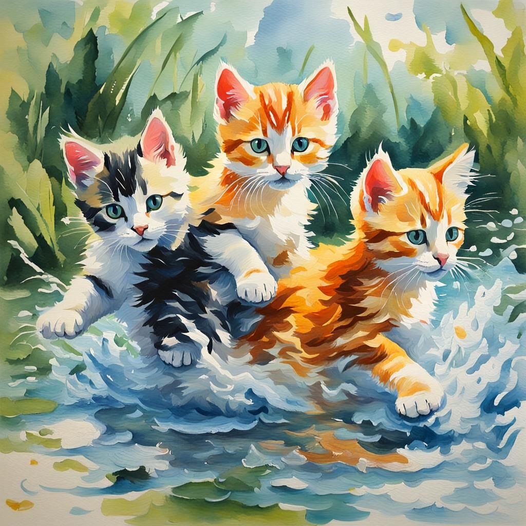 Kittens Play in Water: Gouache Impressionist Masterpiece