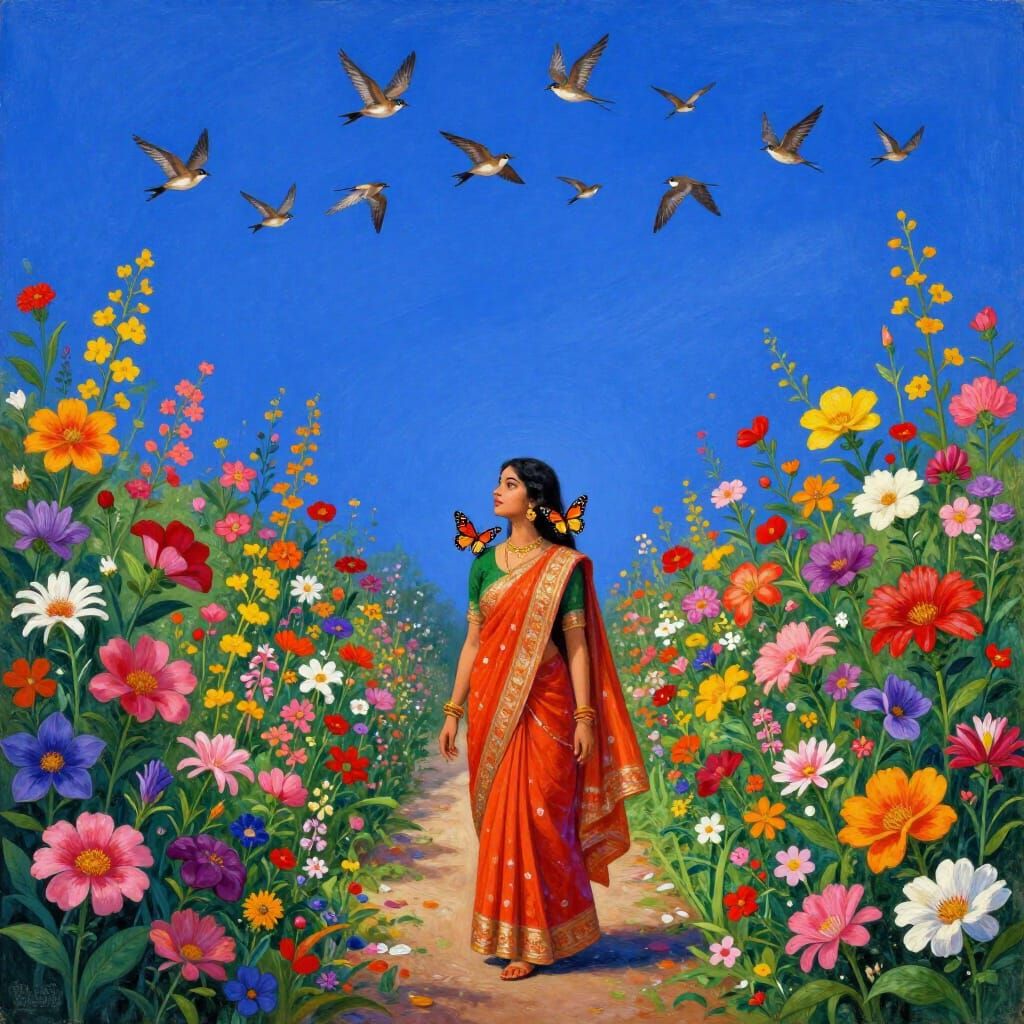 Bengali Painting of Woman with Butterfly in Flower Garden