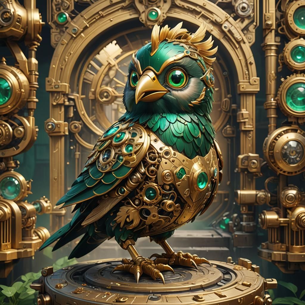 Golden Mechanical Bird with Emerald Eyes: Digital Art