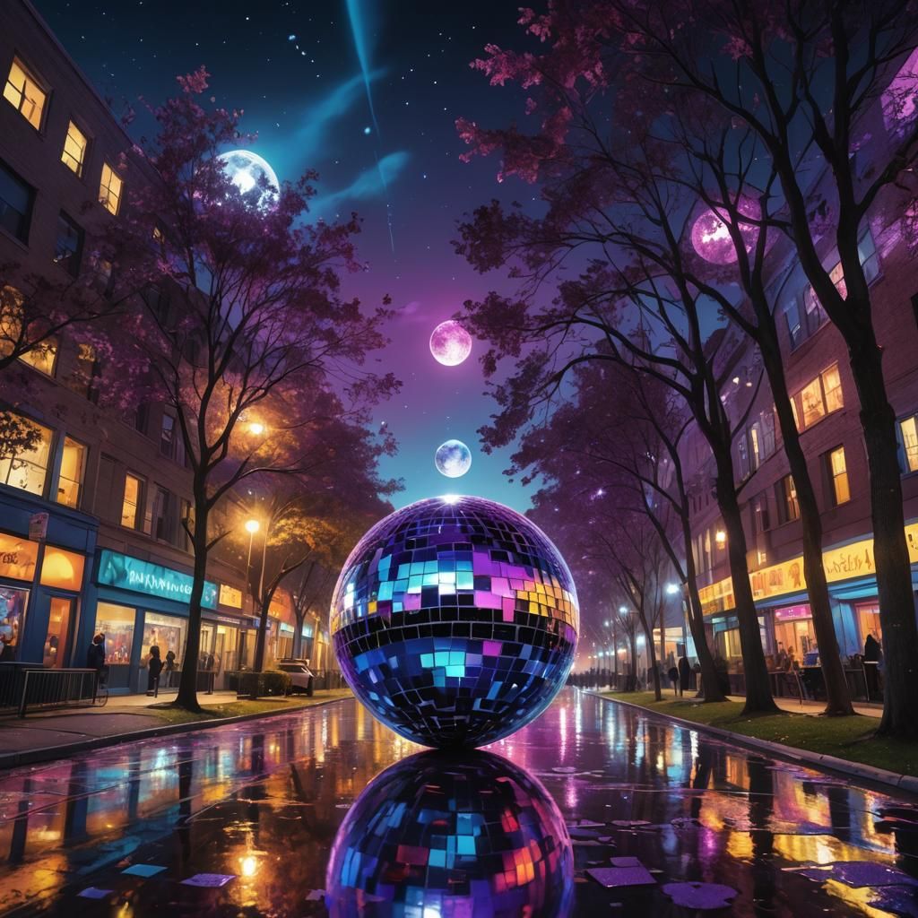 Disco Ball Moon in a Vivid Night Scene