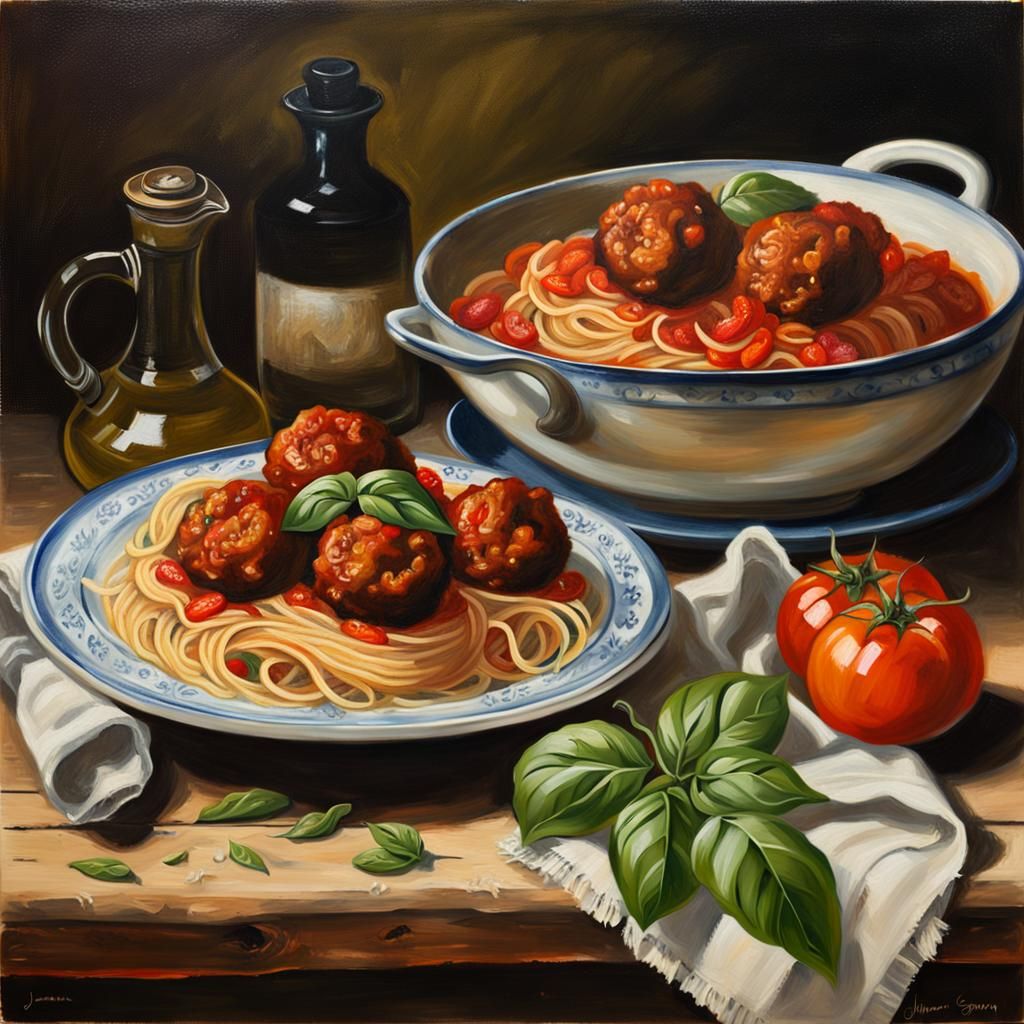 Tuscan Spaghetti and Meatballs Oil Painting