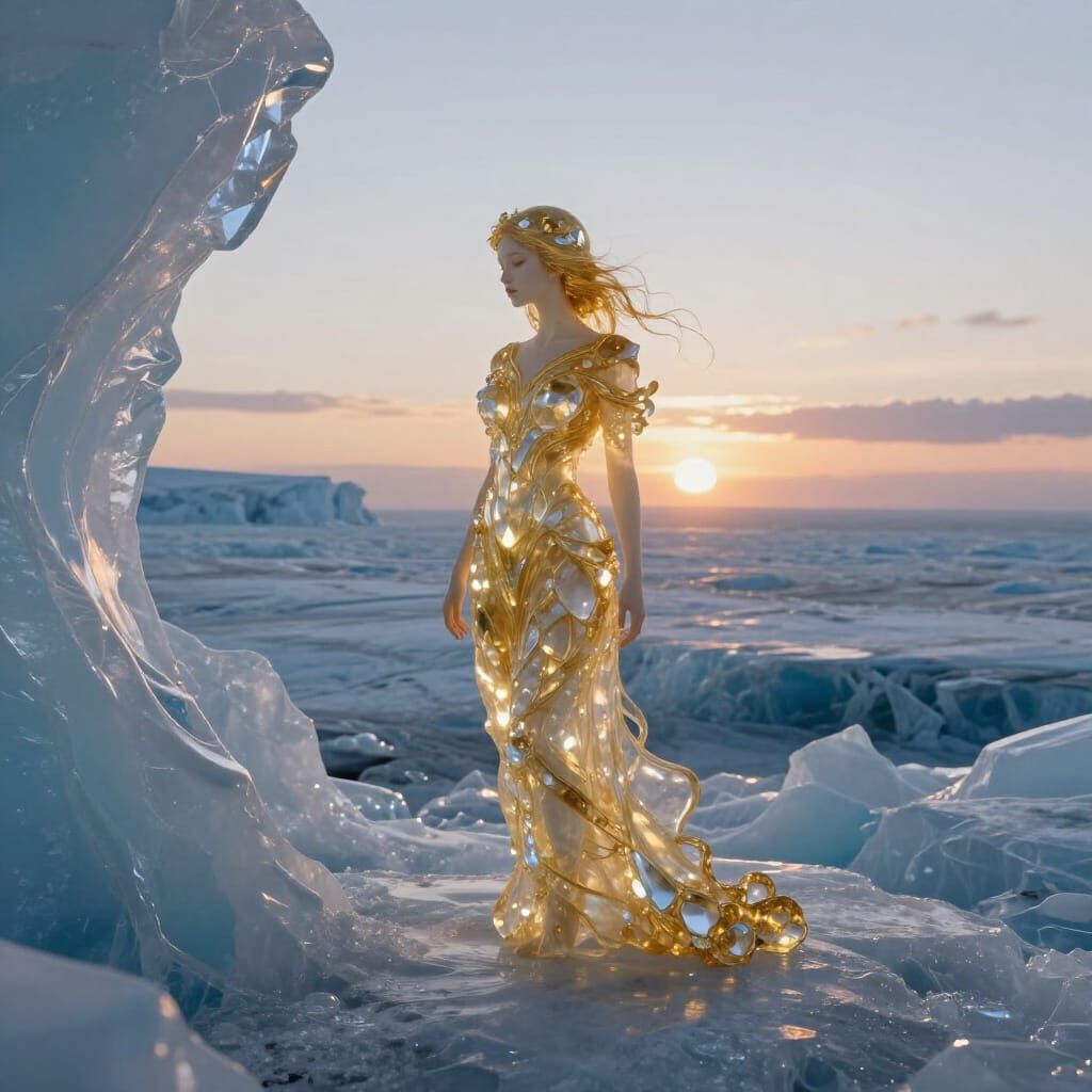 Golden Crystal Girl on Silent Glacier