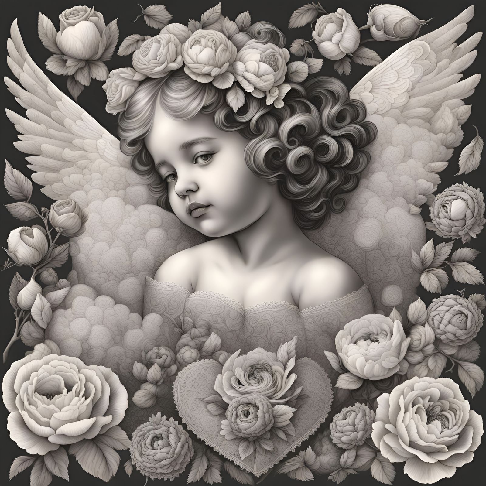 Detailed Charcoal Valentine Collage with Cherubs and Hearts