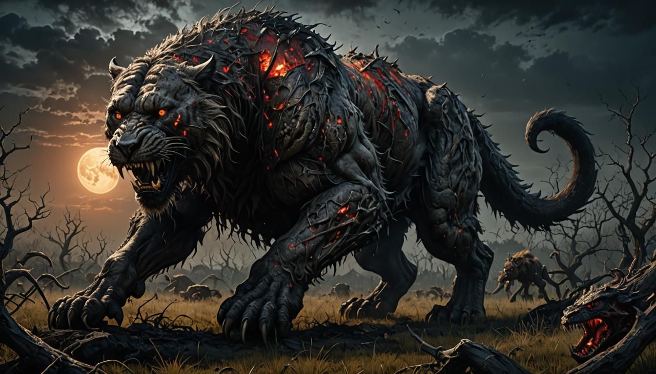 Demon Smilodon Prowls Moonlit Field: Dark Fantasy Art