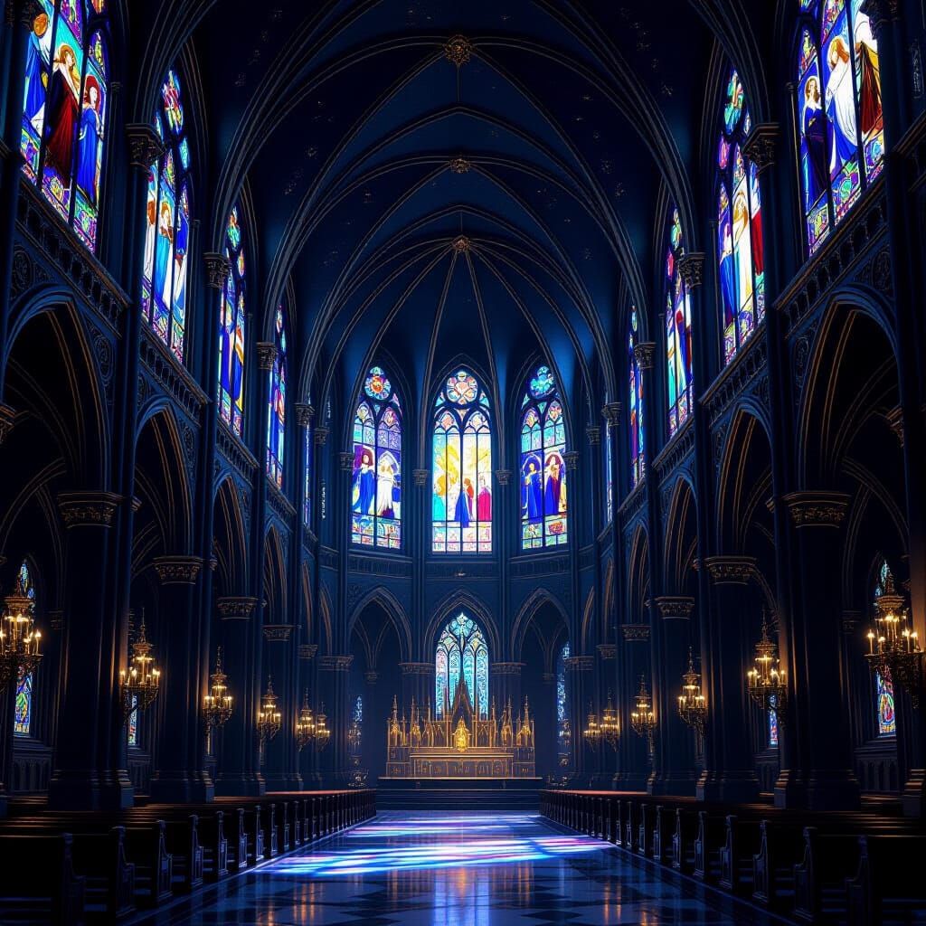Gothic Cathedral Interior with Celestial Stained Glass