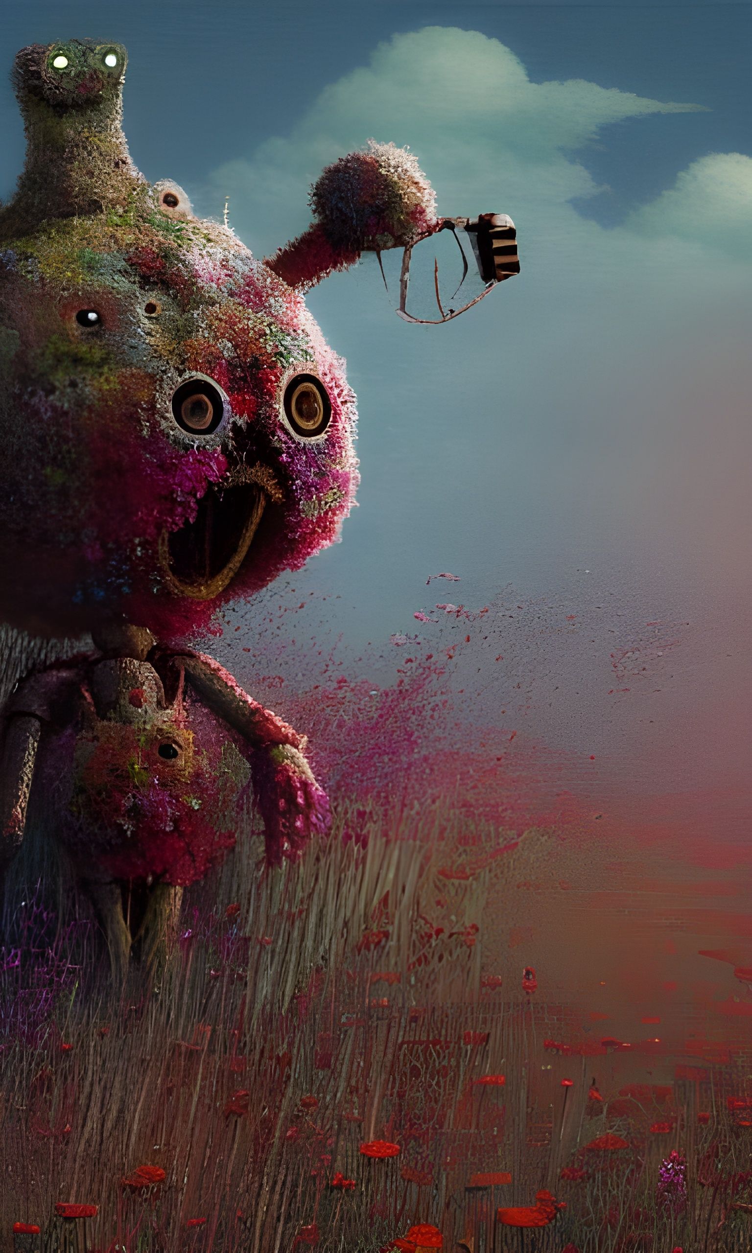 Decaying Wildflowers Overgrown Robot in Ghibli Style