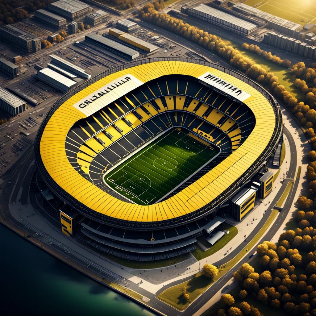 Aerial View of Black and Yellow Football Stadium
