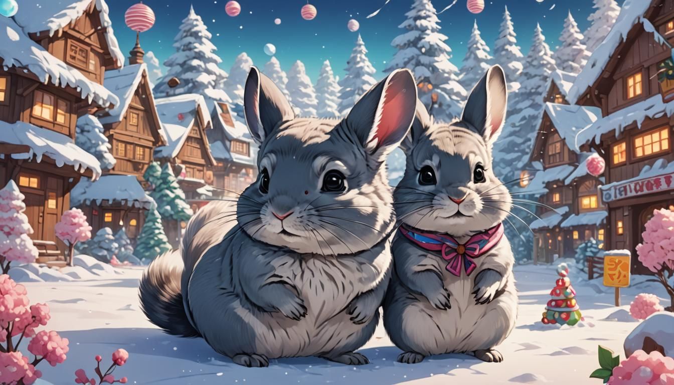 Chinchilla in Winter Candyland: Cel-Shaded Anime Art