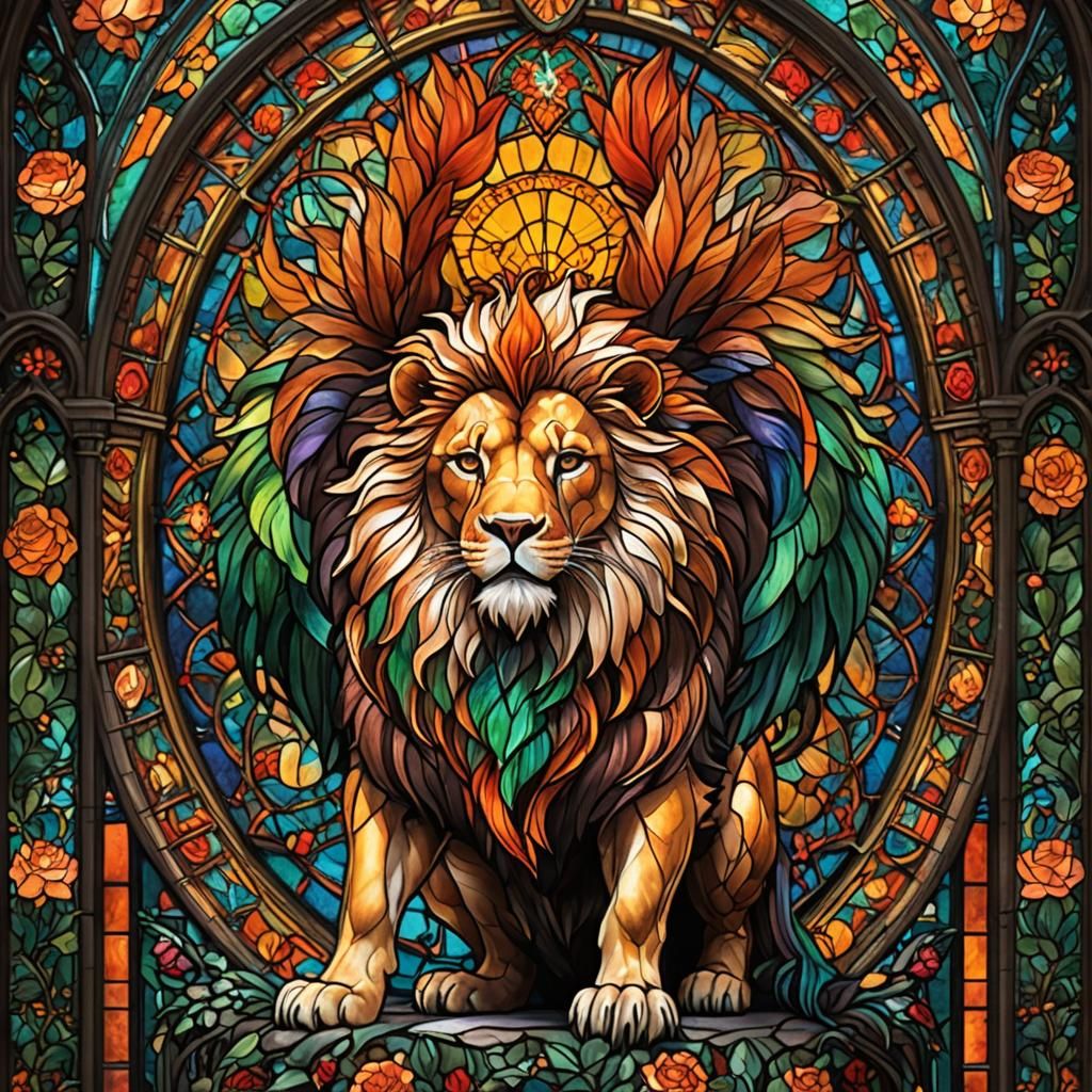 Lion-Rooster Chimera in Stained Glass Cathedral