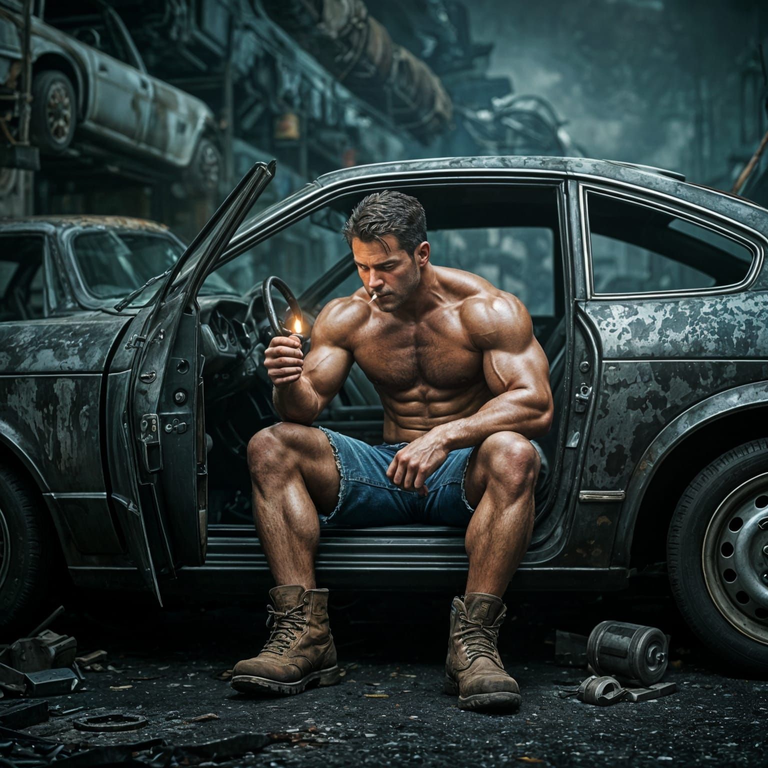 Muscular Mechanic in Junkyard, Sinister Photography