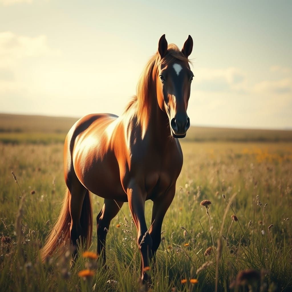 Regal Photorealistic Horse in a Sunlit Meadow