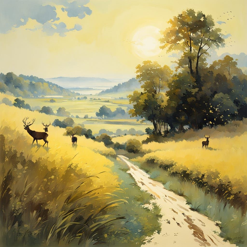 Summer Wheat Field Landscape with Deer Painting