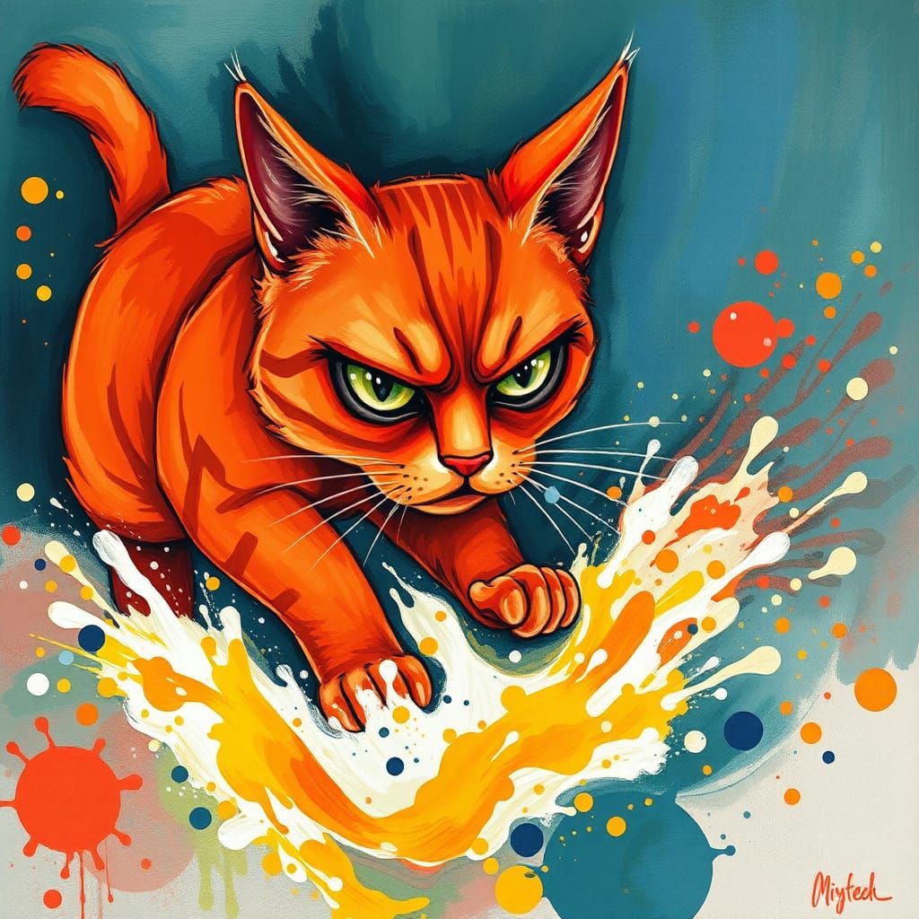 Grumpy Red Tomcat Lasagne Chase: Naive Art Watercolor