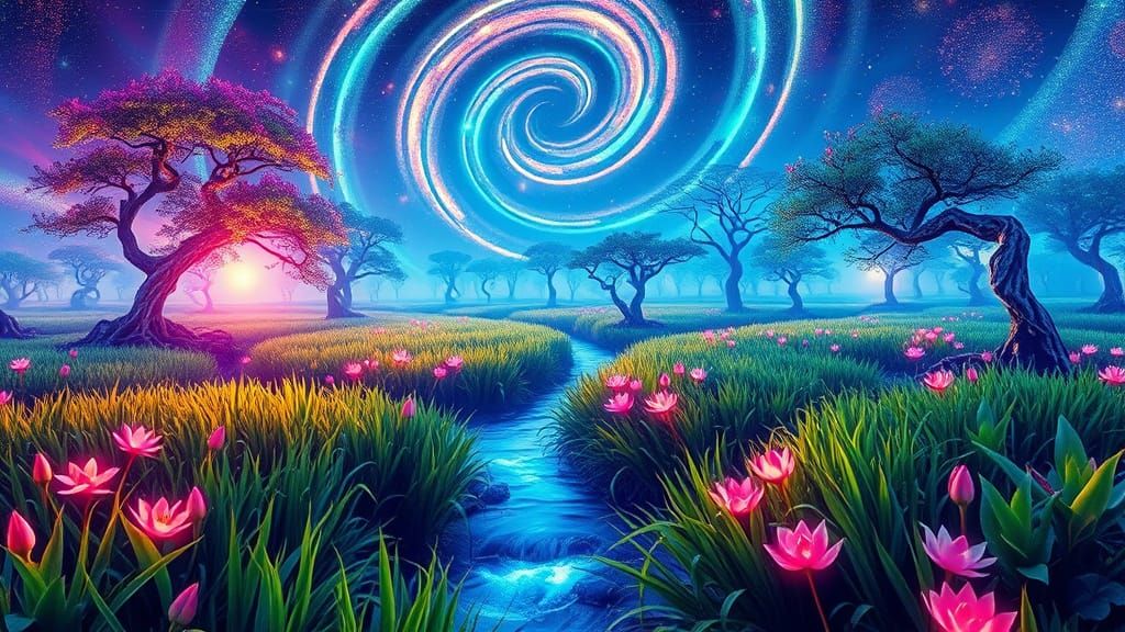 Vibrant Cosmic Landscape in Neon and Rainbow Hues