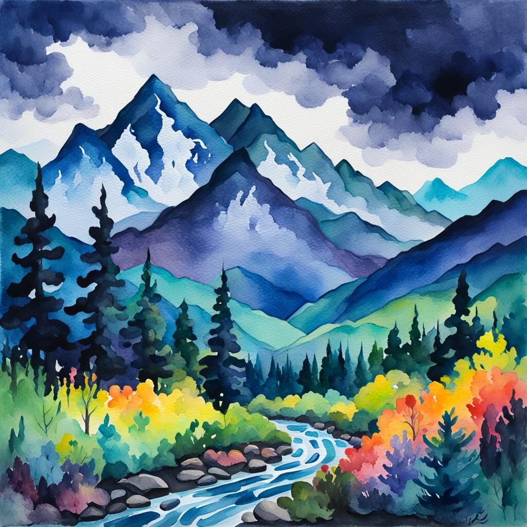 Epic Impressionist Watercolor of Dark Mountain Landscape