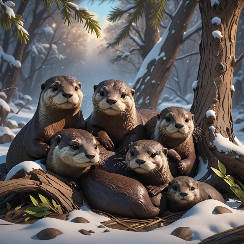Cozy Otters in Snowy Den: 3D Digital Art