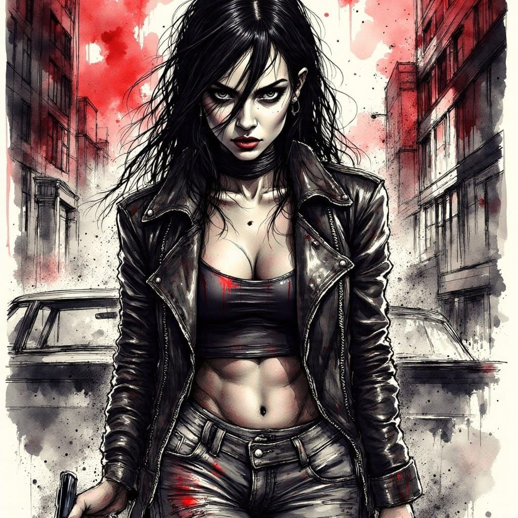 Woman in Punk Style Ink Drawing