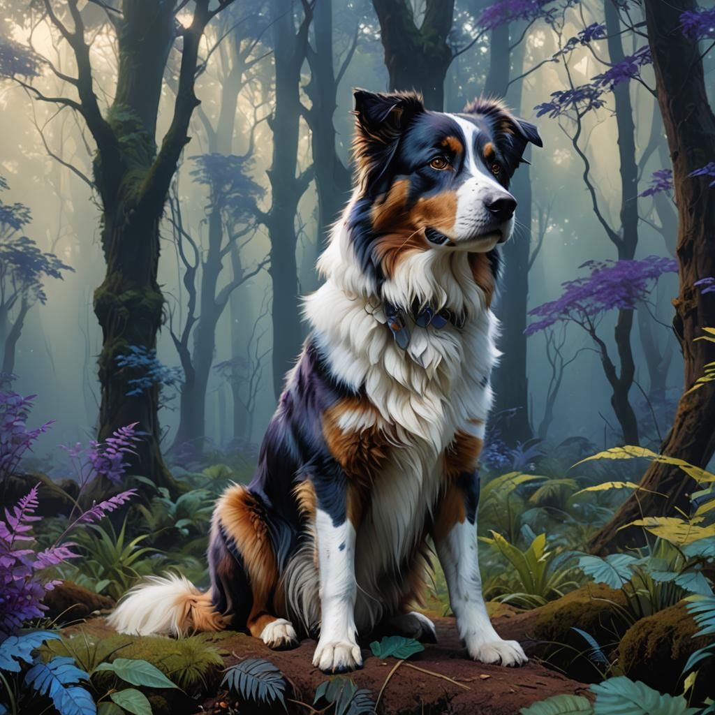 Mystical Forest: Australian Shepherd in Digital Art Style