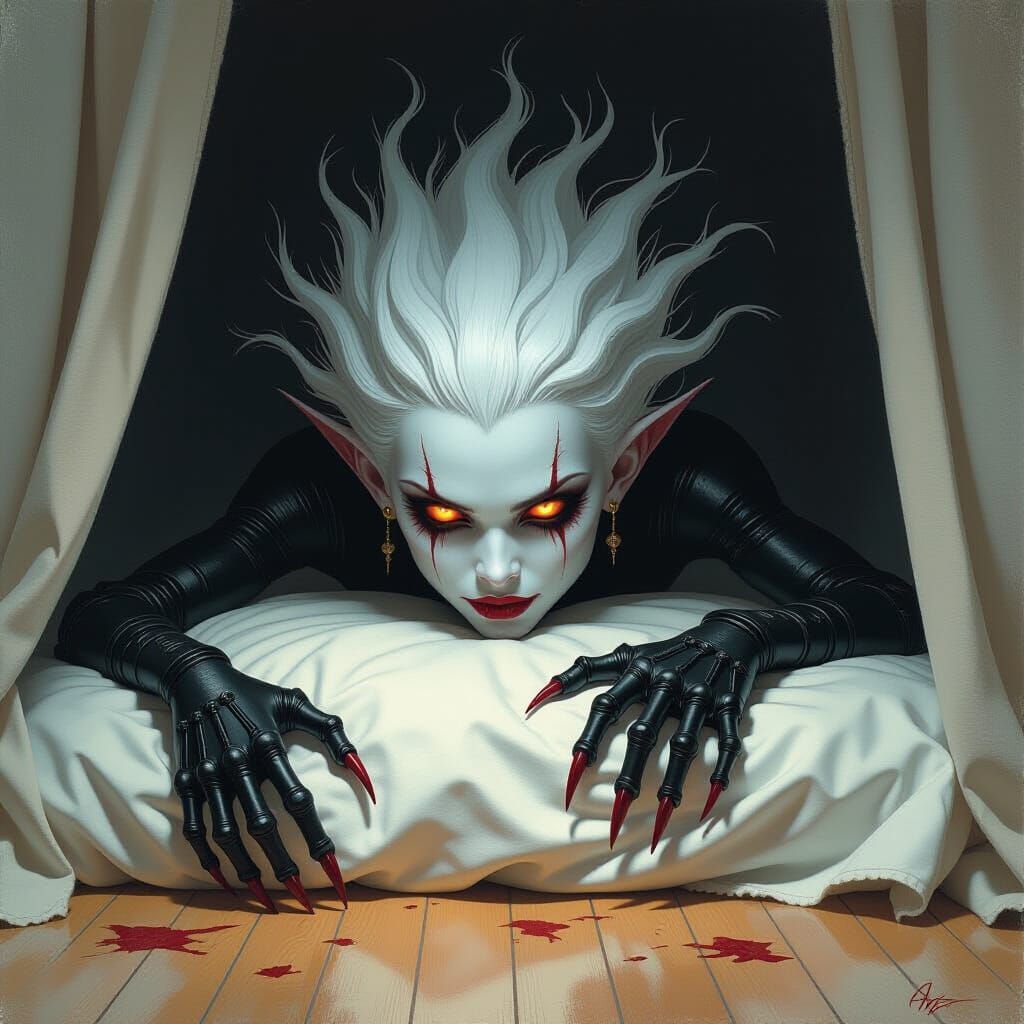 Terrifying Demon Under Bed in Biomechanical Style