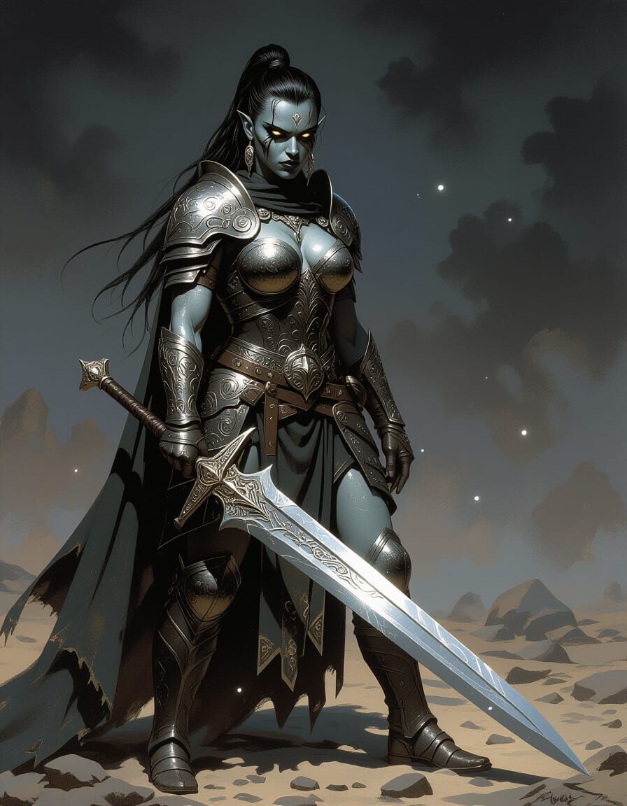 Defiant Gray-Skinned Warrior on Desolate Battlefield