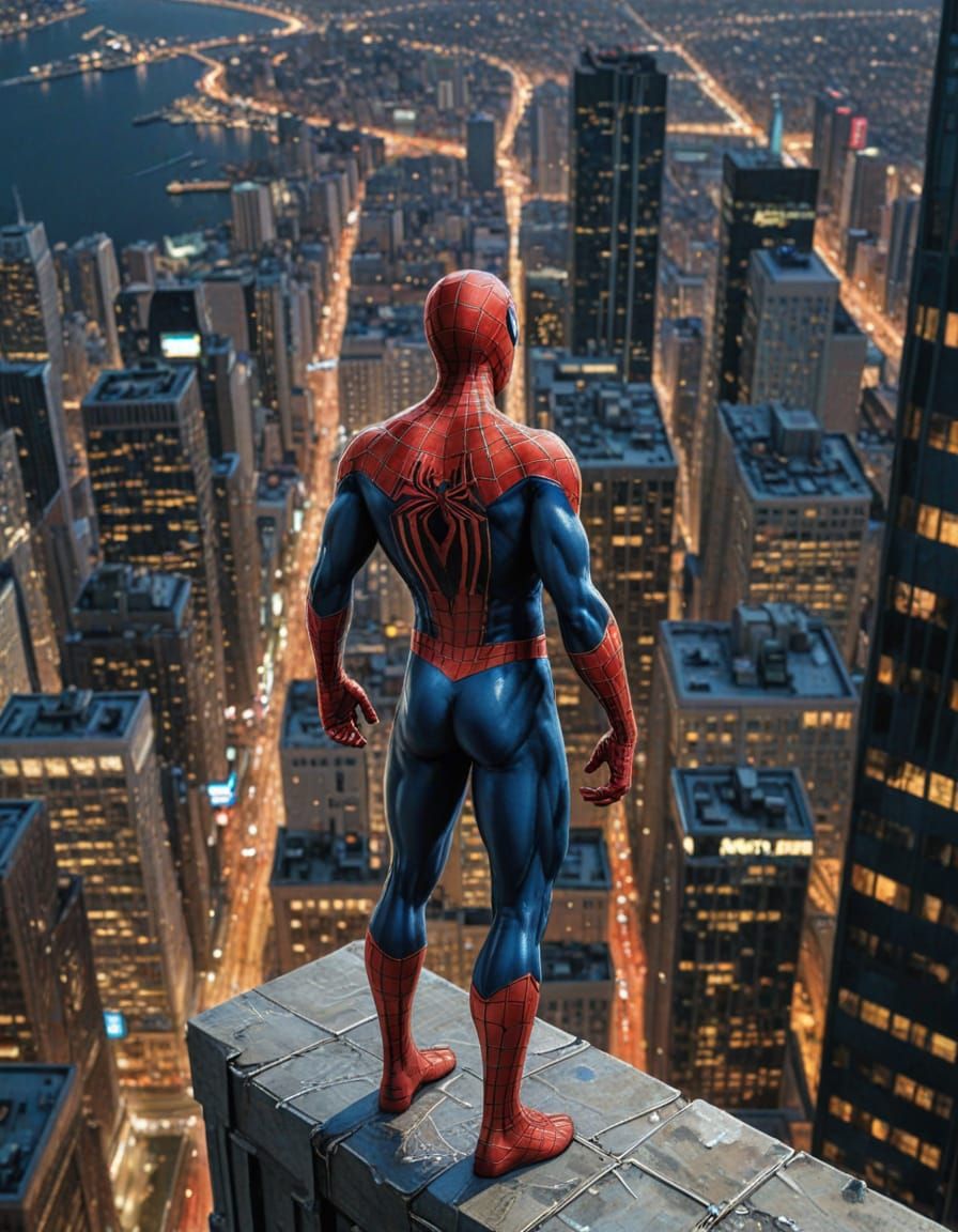 Spiderman on Skyscraper Edge in Comic Book Style