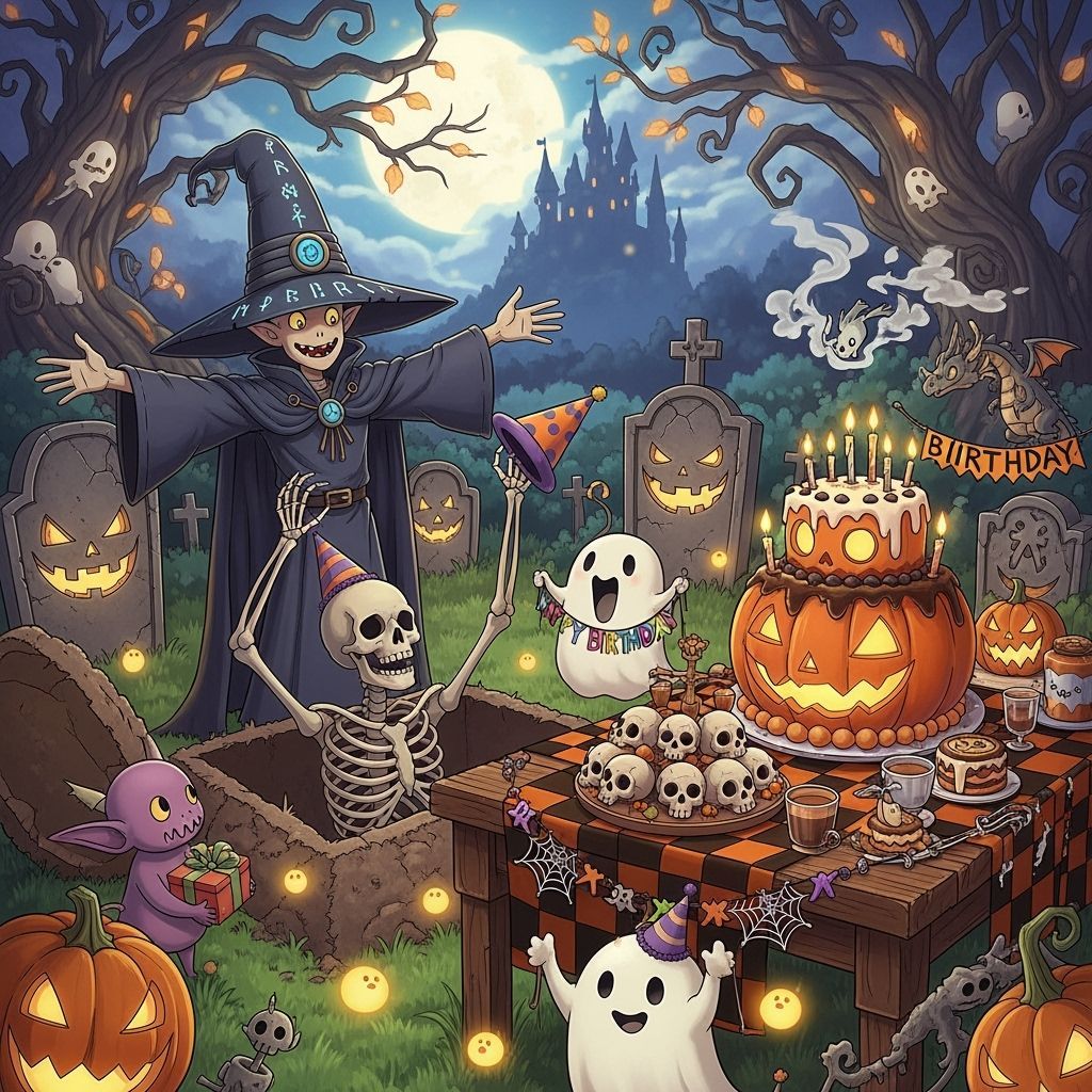 Whimsical Necromancer Raises Party Skeleton in Spooky Gravey...