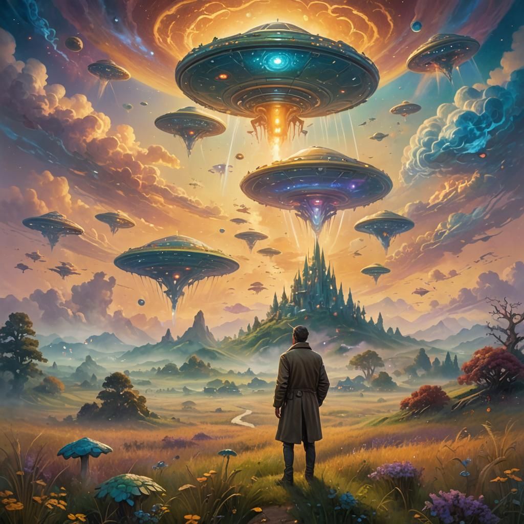 Surreal Landscape with Flying Objects in Oil Painting Style